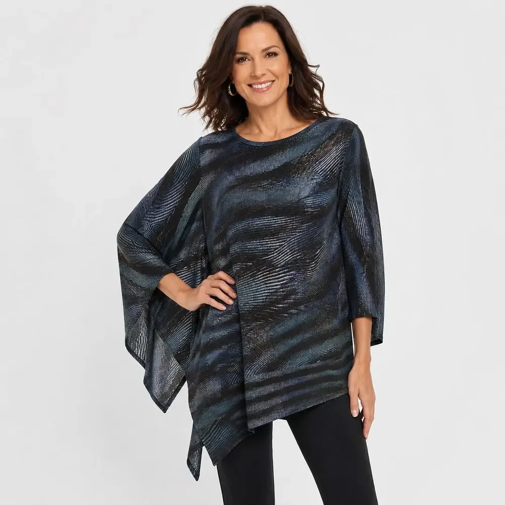 Clara Sun Woo Tunic Womens XL Blue Stripe Poncho Sleeve Lightweight Sweater